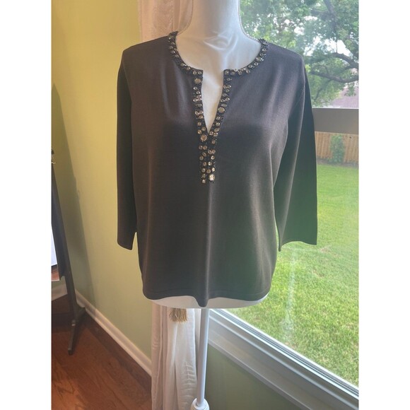 Talbots Silk Sweater Plus Size Petite Brown Beaded Tight Knit - Picture 9 of 12